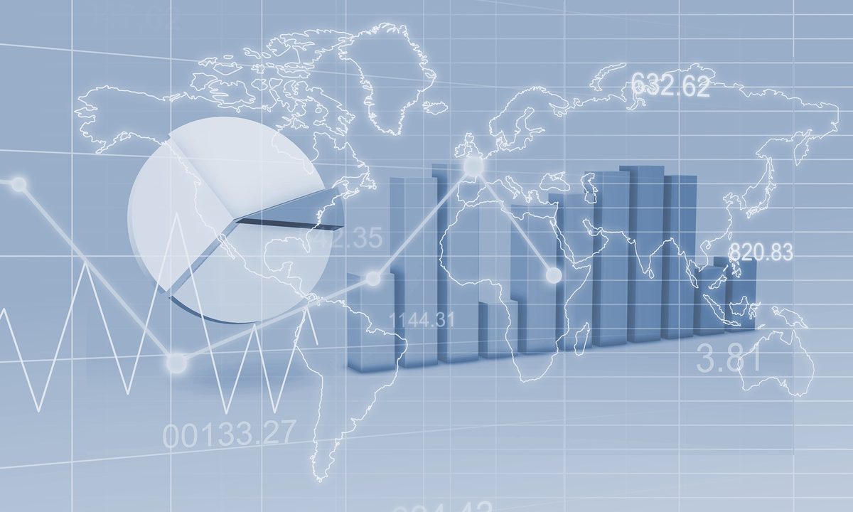 World map with financial charts in blue monotone